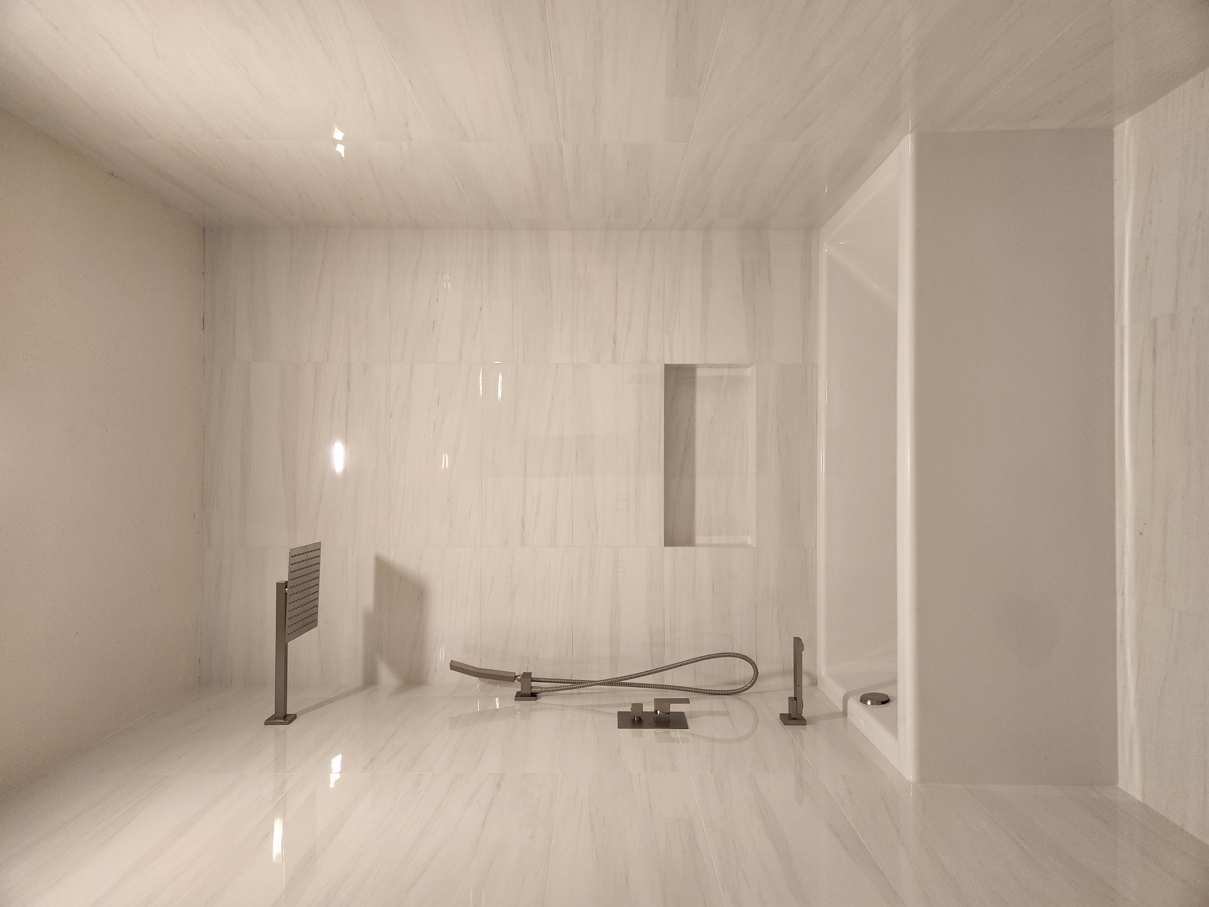 Neutral custom walk-in shower with recessed niche