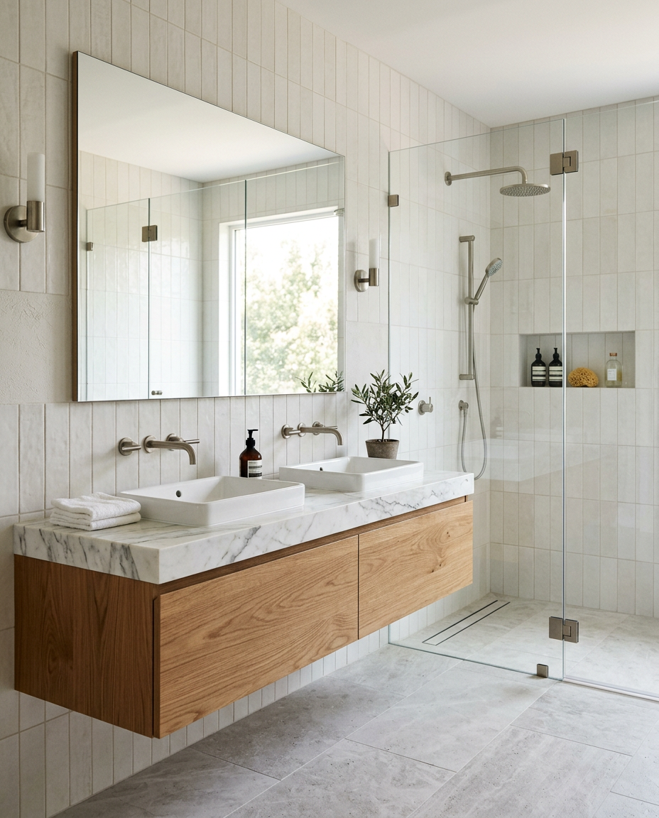 Refined remodeled bathroom with a wood vanity and glass shower