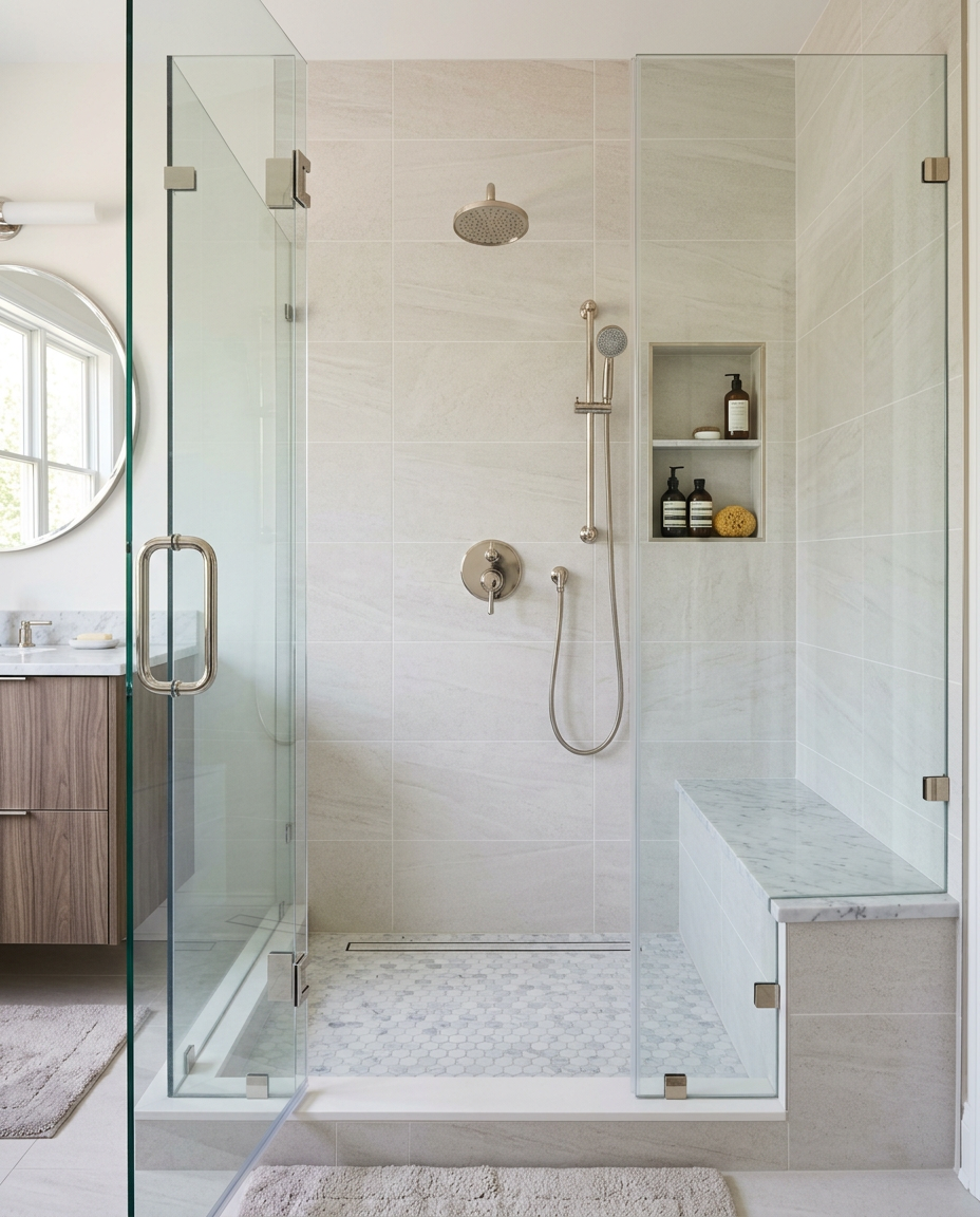 Custom glass shower with tiled bench and recessed niche
