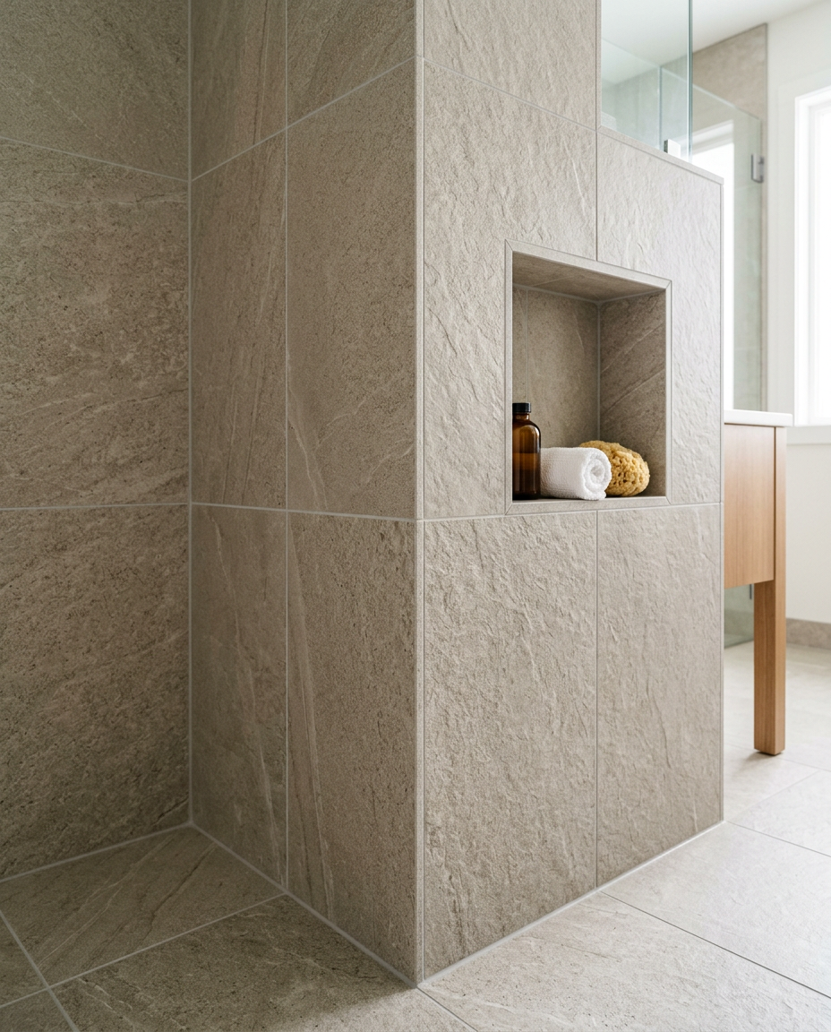 Precisely installed bathroom tile and recessed shower niche
